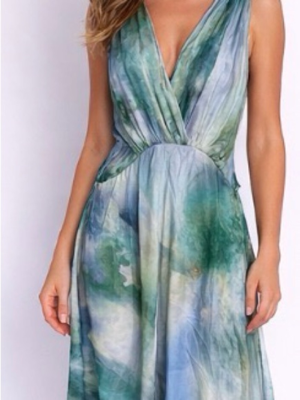Banana Republic Green and Blue Watercolor V‑Neck Maxi Dress